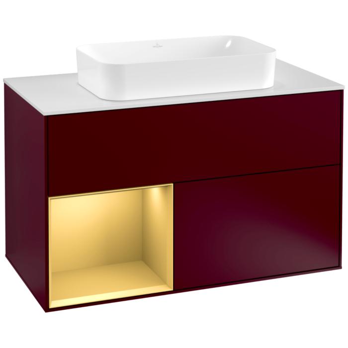 Villeroy Und Boch Finion Waschtischunterschrank F241HFHB 100X60,3Cm, Abdeckplatte White Matt, Regal Links Gold Matt, Peony Matt