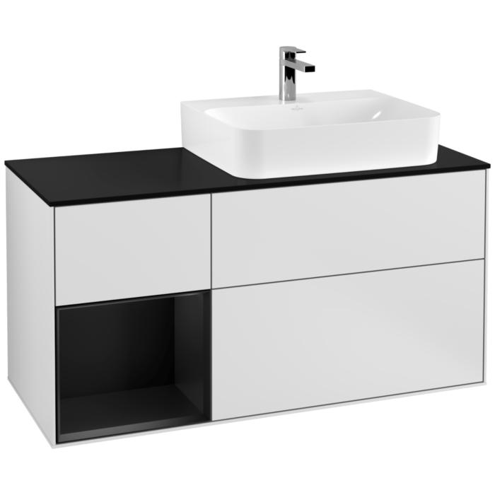 Villeroy Und Boch Finion Waschtischunterschrank F142PDMT 120Cm, Abdeckplatte Glass Black Matt, Regal Links Black Matt Lacquer, White Matt Lacquer