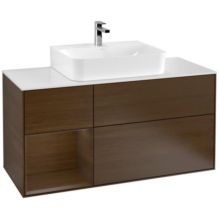Villeroy und Boch Finion Waschtischunterschrank F161GNGN 120cm, Abdeckplatte white matt, Regal links Walnut veneer, Walnut veneer