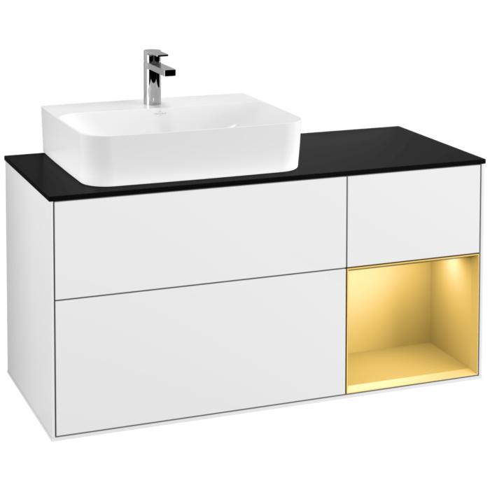 Villeroy Und Boch Finion Waschtischunterschrank F152HFGF 120Cm, Abdeckplatte Black Matt, Regal Rechts Gold Matt, Glossy White Lacquer