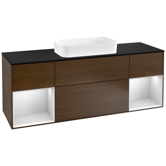 Villeroy Und Boch Finion Waschtischunterschrank F332MTGN 160X60,3Cm, Abdeckplatte Black Matt, Regale White Matt Lacquer, Walnut Veneer