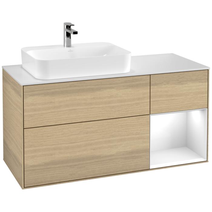 Villeroy Und Boch Finion Waschtischunterschrank F401GFPC 120Cm, Abdeckplatte White Matt, Regal Rechts Glossy White Lacquer, Oak Veneer