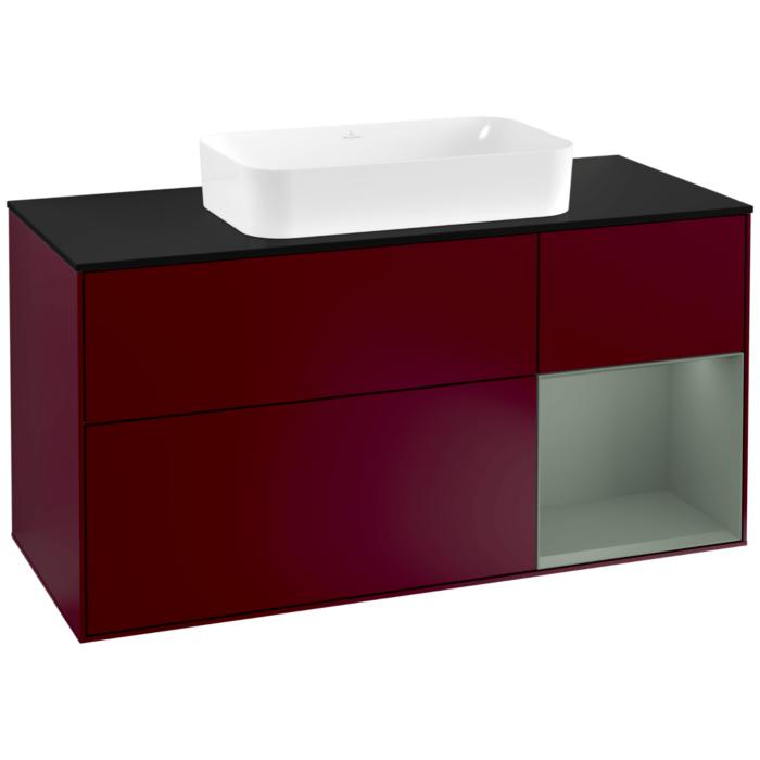 Villeroy Und Boch Finion Waschtischunterschrank F302GMHB 120Cm, Abdeckplatte Black Matt, Regal Rechts Olive Matt Lacquer, Peony Matt