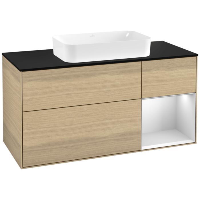 Villeroy Und Boch Finion Waschtischunterschrank F302MTPC 120Cm, Abdeckplatte Black Matt, Regal Rechts White Matt Lacquer, Oak Veneer