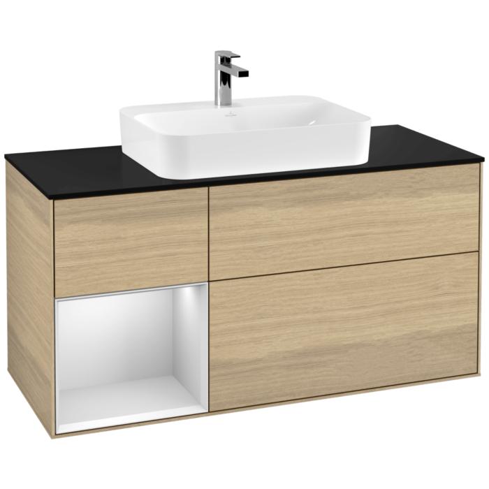 Villeroy Und Boch Finion Waschtischunterschrank G412MTPC 120Cm, Abdeckplatte Black Matt, Emotion, Regal Links White Matt Lacquer, Oak Veneer