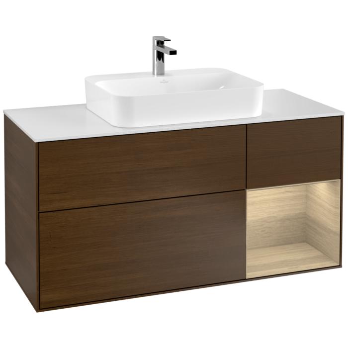Villeroy und Boch Finion Waschtischunterschrank F421PCGN 120cm, Abdeckplatte white matt, Regal rechts Oak Veneer, Walnut veneer