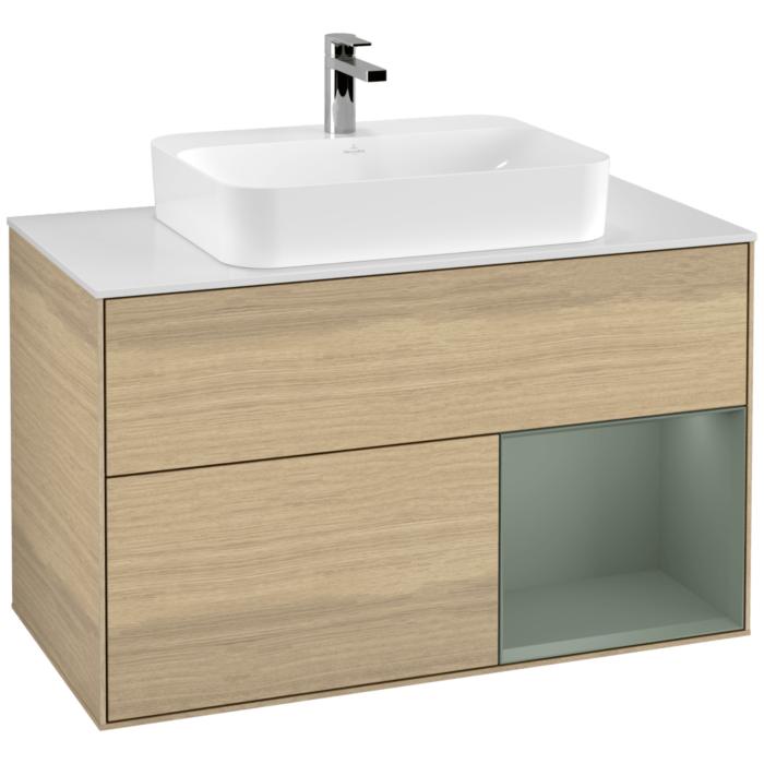 Villeroy Und Boch Finion Waschtischunterschrank G371GMPC 100Cm, Abdeckplatte White Matt, Emotion, Regal Rechts Olive Matt Lacquer, Oak Veneer