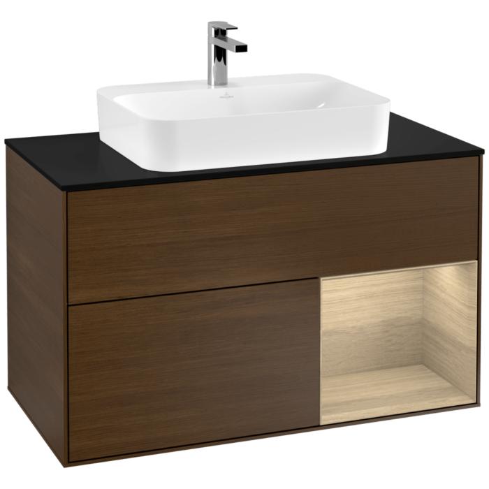 Villeroy Und Boch Finion Waschtischunterschrank F372PCGN 100Cm, Abdeckplatte Black Matt, Regal Rechts Oak Veneer, Walnut Veneer