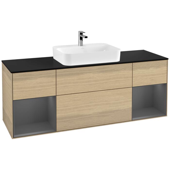 Villeroy Und Boch Finion Waschtischunterschrank F452GKPC 160X60,3Cm, Abdeckplatte Black Matt, Regale Anthracite Matt Lacquer, Oak Veneer