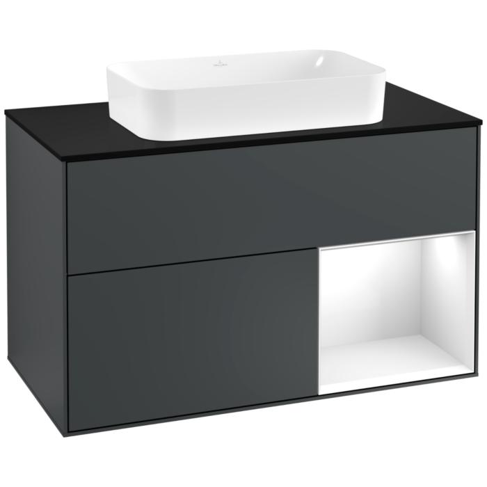 Villeroy und Boch Finion Waschtischunterschrank F252GFHG 100x60,3cm, Abdeckplatte black matt, Regal rechts Glossy white lacquer, Midnight Blue Matt Lacquer