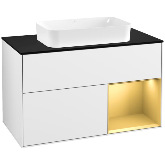Villeroy Und Boch Finion Waschtischunterschrank F252HFGF 100X60,3Cm, Abdeckplatte Black Matt, Regal Rechts Gold Matt, Glossy White Lacquer