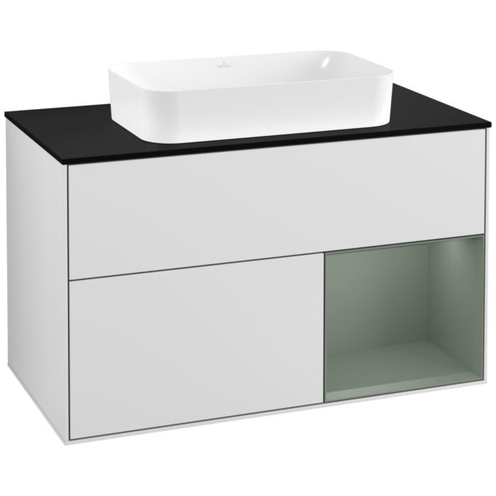 Villeroy Und Boch Finion Waschtischunterschrank G252GMMT 100Cm, Abdeckplatte Black Matt, Emotion, Regal Rechts Olive Matt Lacquer, White Matt Lacquer