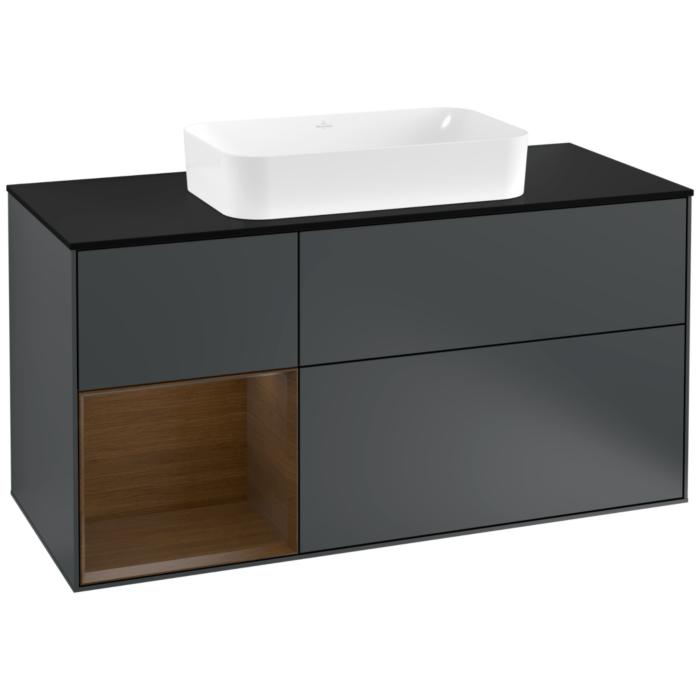 Villeroy Und Boch Finion Waschtischunterschrank F292GNHG 120Cm, Abdeckplatte Black Matt, Regal Links Walnut Veneer, Midnight Blue Matt Lacquer