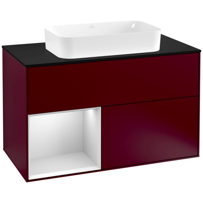 Villeroy Und Boch Finion Waschtischunterschrank F242MTHB 100X60,3Cm, Abdeckplatte Black Matt, Regal Links White Matt Lacquer, Peony Matt