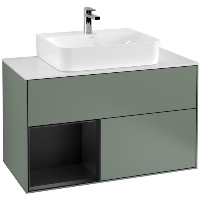 Villeroy Und Boch Finion Waschtischunterschrank F111PDGM 100Cm, Abdeckplatte Black Matt, Regal Links Black Matt Lacquer, Olive Matt Lacquer
