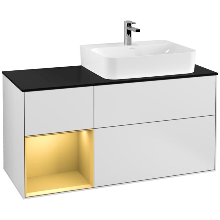 Villeroy Und Boch Finion Waschtischunterschrank F142HFMT 120Cm, Abdeckplatte Glass Black Matt, Regal Links Gold Matt, White Matt Lacquer