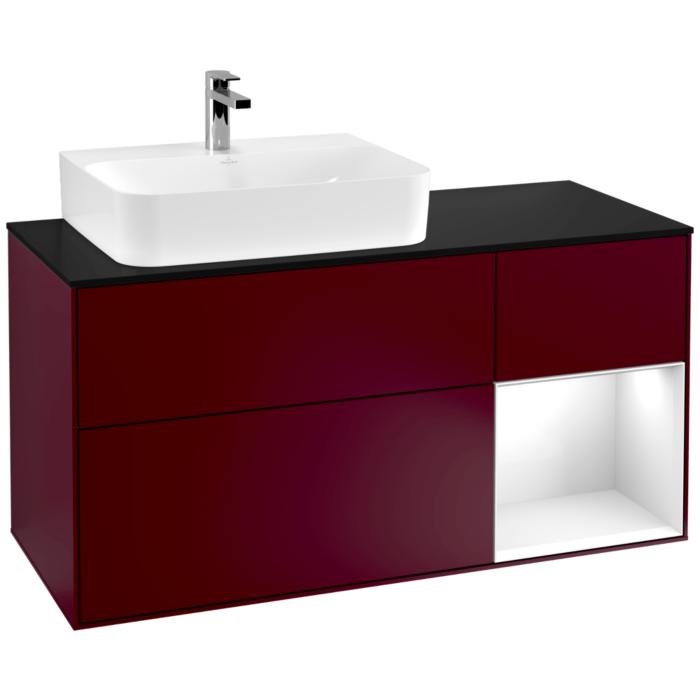 Villeroy Und Boch Finion Waschtischunterschrank F152GFHB 120Cm, Abdeckplatte Black Matt, Regal Rechts Glossy White Lacquer, Peony Matt