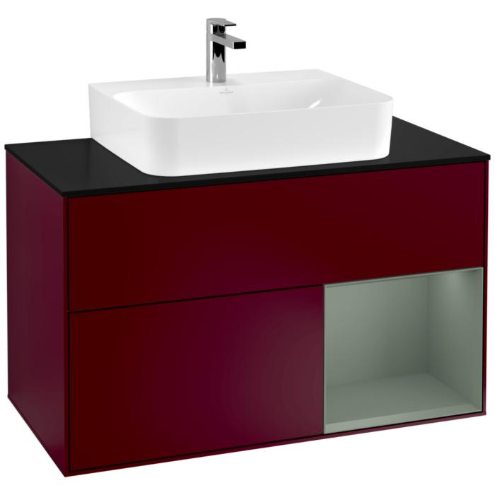 Villeroy Und Boch Finion Waschtischunterschrank G122GMHB 100Cm, Abdeckplatte Black Matt, Emotion, Regal Rechts Olive Matt Lacquer, Peony Matt