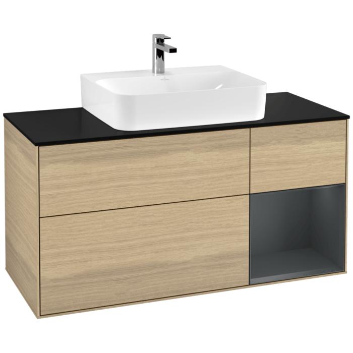 Villeroy Und Boch Finion Waschtischunterschrank F172HGPC 120Cm, Abdeckplatte Black Matt, Regal Rechts Midnight Blue Matt Lacquer, Oak Veneer