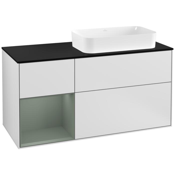Villeroy Und Boch Finion Waschtischunterschrank G272GMMT 120Cm, Abdeckplatte Black Matt, Emotion, Regal Links Olive Matt Lacquer, White Matt Lacquer