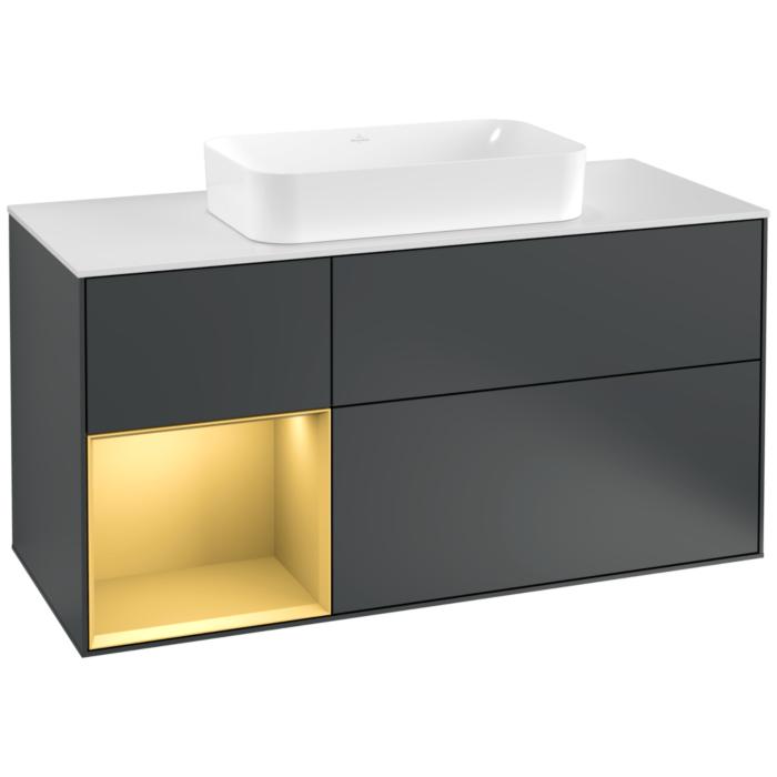 Villeroy Und Boch Finion Waschtischunterschrank F291HFHG 120Cm, Abdeckplatte White Matt, Regal Links Gold Matt, Midnight Blue Matt Lacquer
