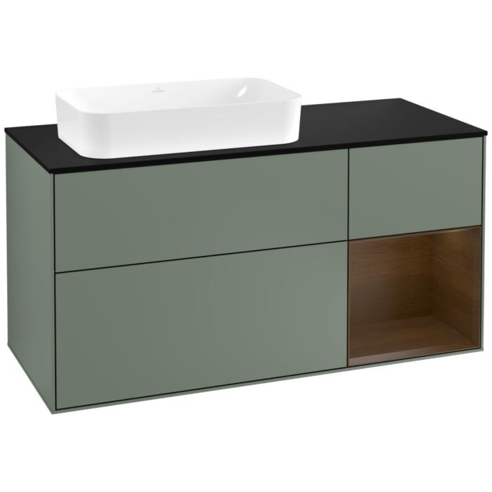 Villeroy Und Boch Finion Waschtischunterschrank G282GNGM 120Cm, Abdeckplatte Black Matt, Emotion, Regal Rechts Walnut Veneer, Olive Matt Lacquer