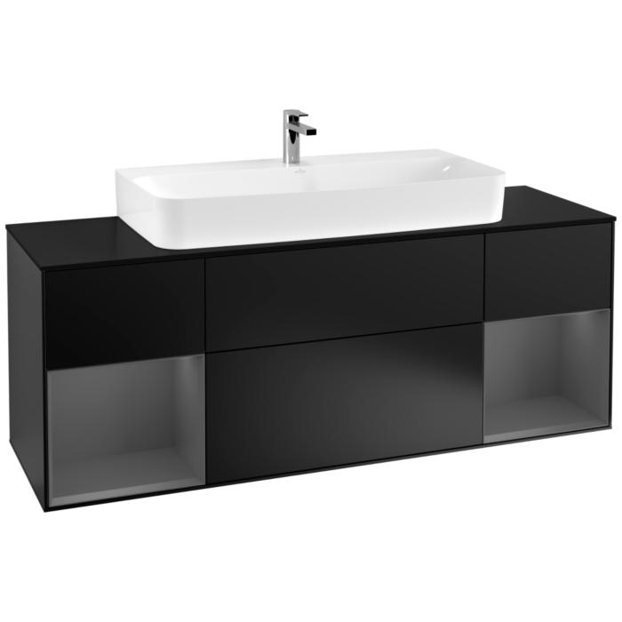 Villeroy Und Boch Finion Waschtischunterschrank F212GKPD 160Cm, Abdeckplatte Black Matt, Regale Anthracite Matt Lacquer, Black Matt Lacquer