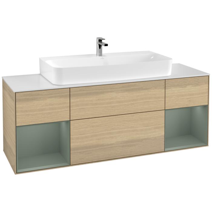 Villeroy und Boch Finion Waschtischunterschrank F211GMPC 160cm, Abdeckplatte white matt, Regale Olive matt lacquer, Oak Veneer