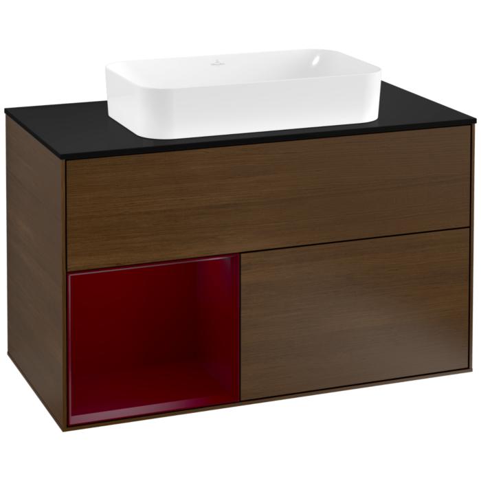 Villeroy Und Boch Finion Waschtischunterschrank F242HBGN 100X60,3Cm, Abdeckplatte Black Matt, Regal Links Peony, Walnut Veneer