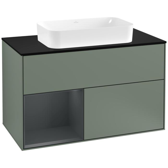 Villeroy Und Boch Finion Waschtischunterschrank F242HGGM 100X60,3Cm, Abdeckplatte Black Matt, Regal Links Midnight Blue Matt Lacquer, Olive Matt Lacquer