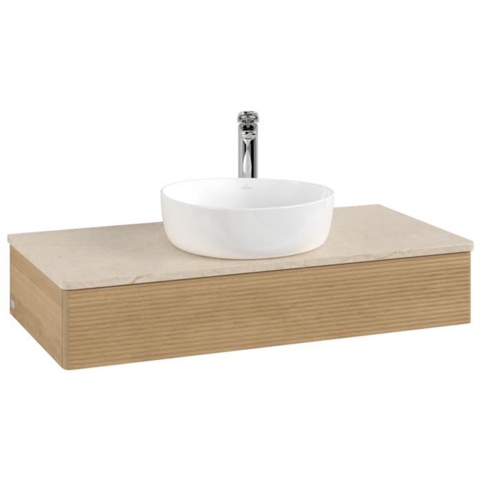 Villeroy Und Boch Antao Waschtisch-Unterschrank L09153HN Mit Beleuchtung Mit Struktur, 100X19X50Cm, Waschbeckenplattenfarbe Botticino, Honey Oak
