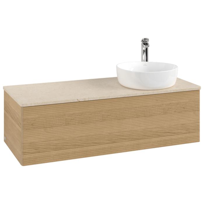 Villeroy Und Boch Antao Waschtisch-Unterschrank L34153HN Mit Beleuchtung Mit Struktur, 120X36X50Cm, Hahnloch, Waschbeckenplattenfarbe Botticino, Honey Oak