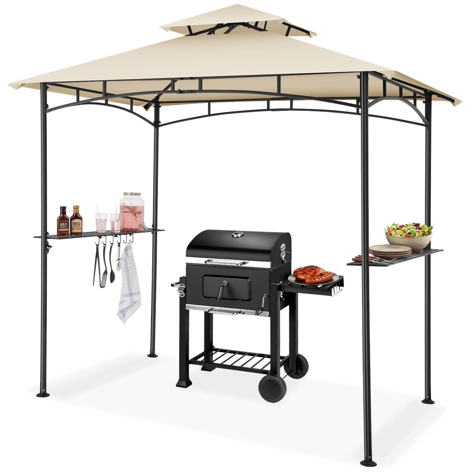 tectake® Grillpavillon, wetterfest mit UV-Schutz, seitliche Gitterablagen und 6 Haken, 240 x 150 x 250 cm