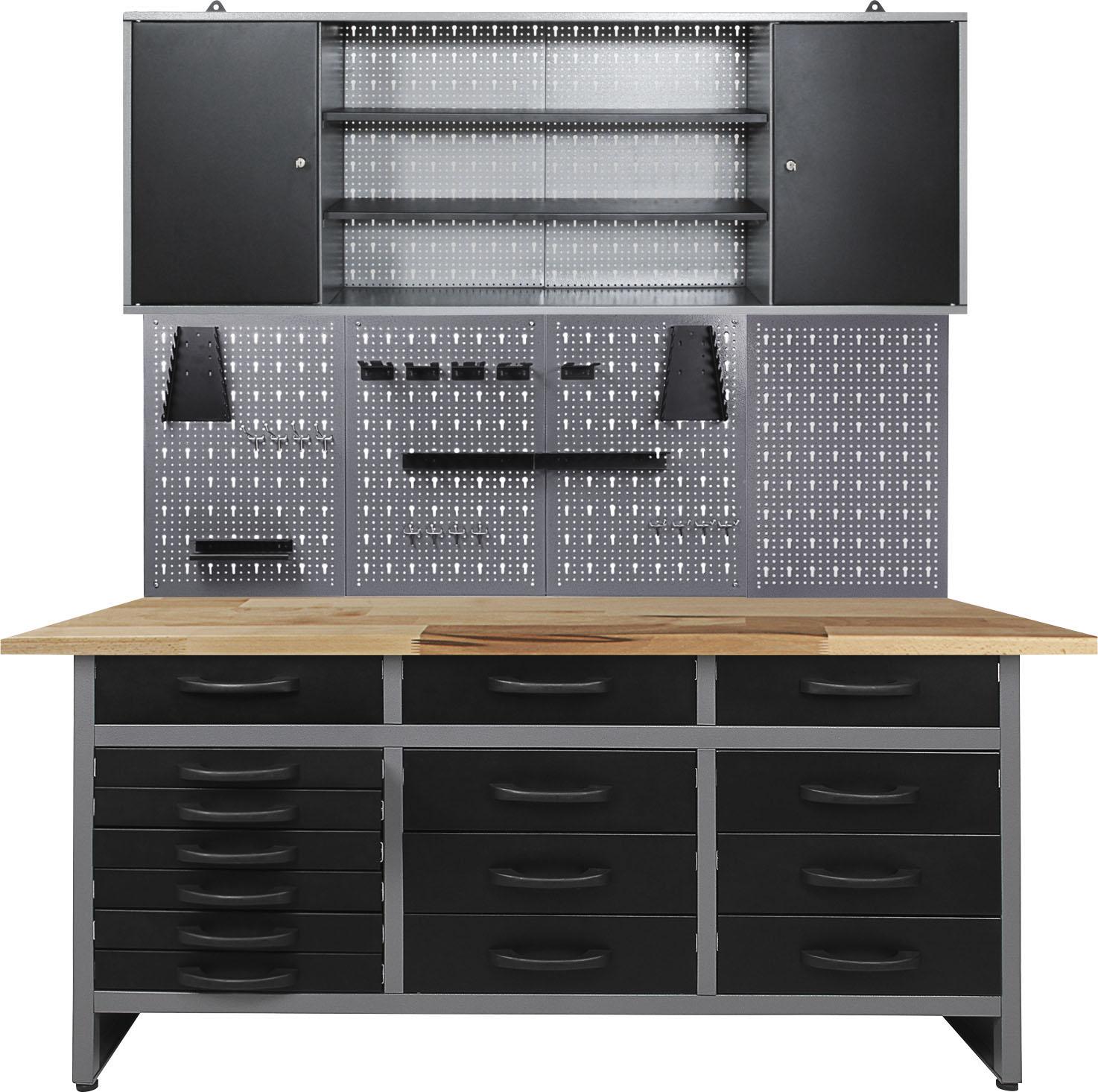Werkstatt-Set ONDIS24 "Konny", Schwarz (Anthrazit, Grau, Schwarz), B:160Cm H:205Cm T:60Cm, Metall, WerkbäNke, 160 Cm, HöHenverstellbar, Inkl. Hakenset