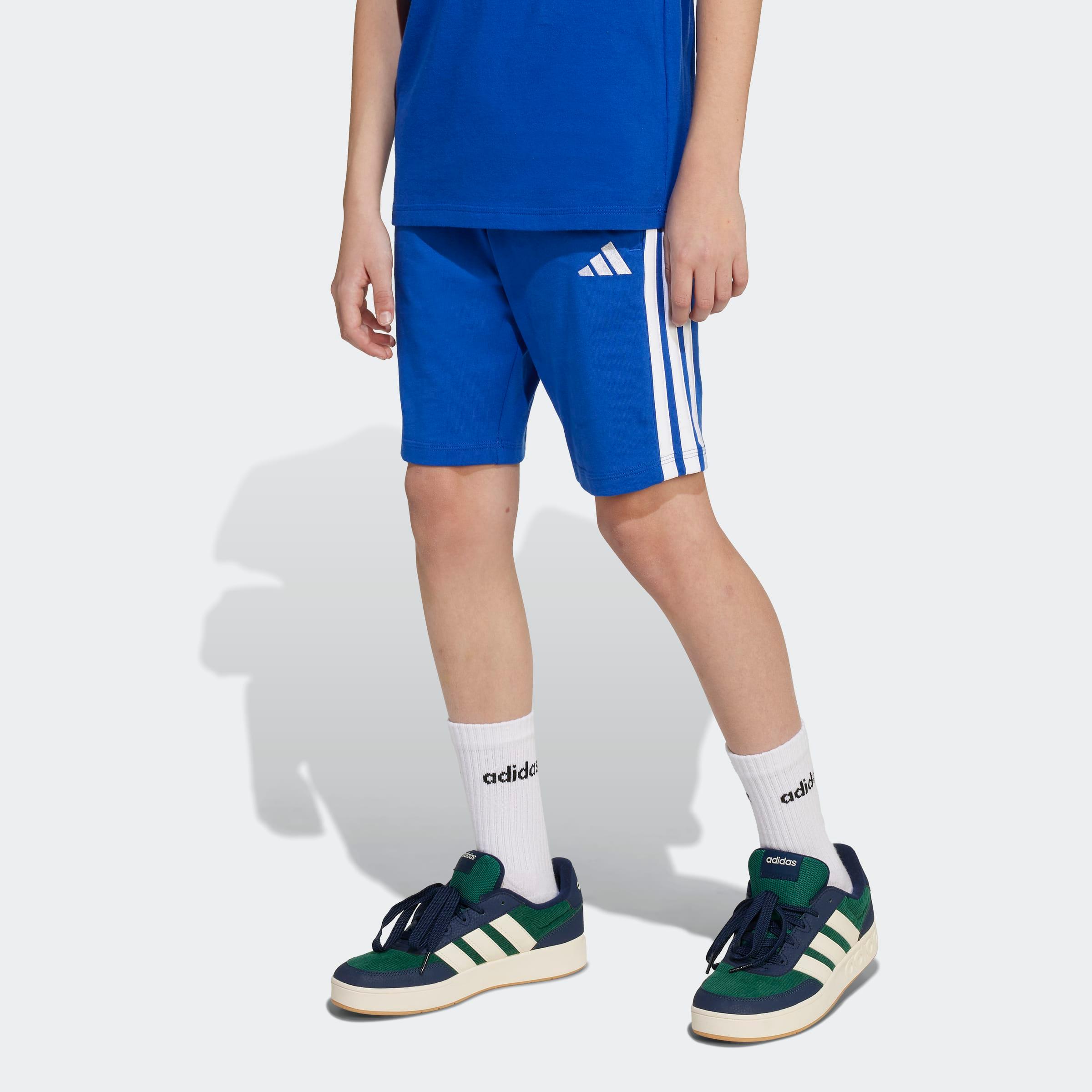 Shorts ADIDAS SPORTSWEAR "J 3S KN SH 210", Damen, Gr. 152, N-Gr, blau (royal blau, weiß,), Obermaterial: 100% Baumwolle, Hosen Shorts, sportlicher Stil, für Kinder, aus Baumwolle, atmungsaktiv
