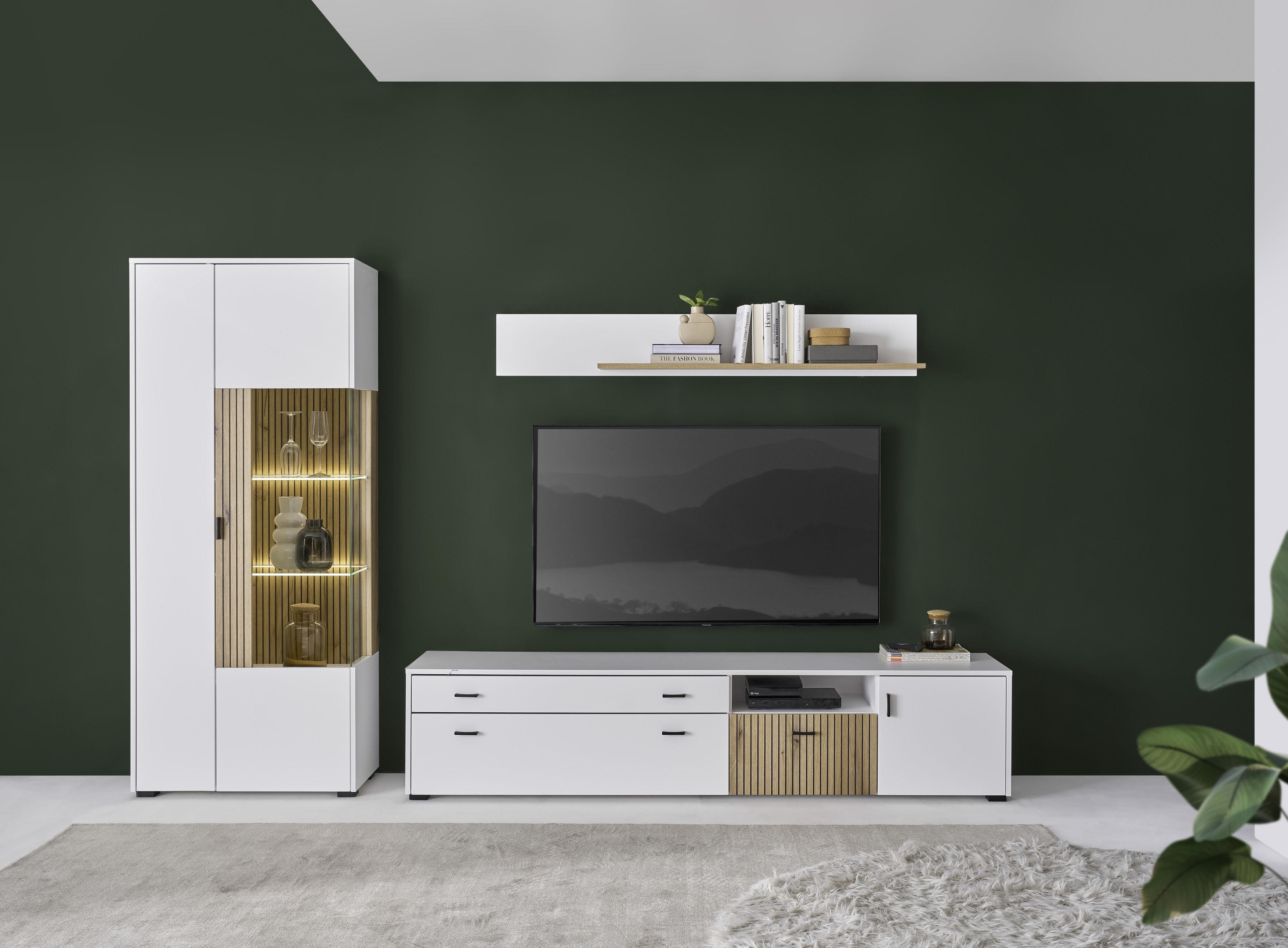 Wohnwand Home Affaire "Hudson", Weiß (Weiß Matt Tz, Applikation Evoke Eiche Mdf Tz), B:285Cm H:180Cm T:42Cm, KastenmöBel-Sets, Wohnwand, Mit Moderner Rillenoptik, Griffe Aus Metall (Schwarz), Breite 285 Cm