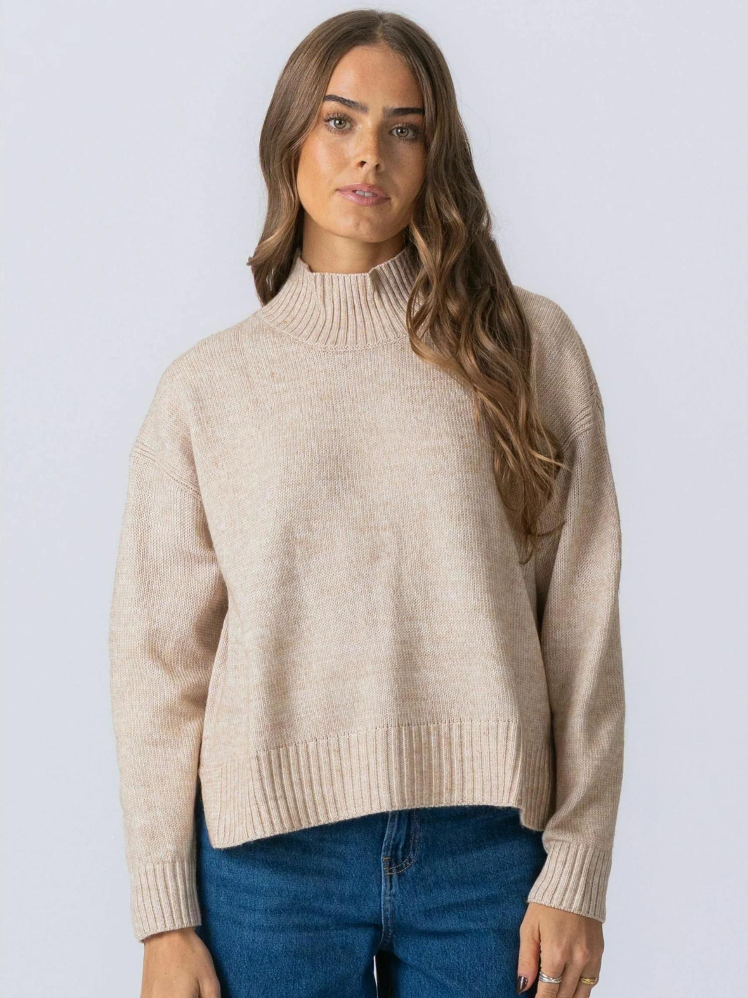 Strickpullover Teeshoppen "Teeshoppen Sweater Emma Knit", Damen, Gr. M, Beige, Obermaterial: 64% Polyester, 30% Polyacryl, 6% Wolle, Pullover Strickpullover