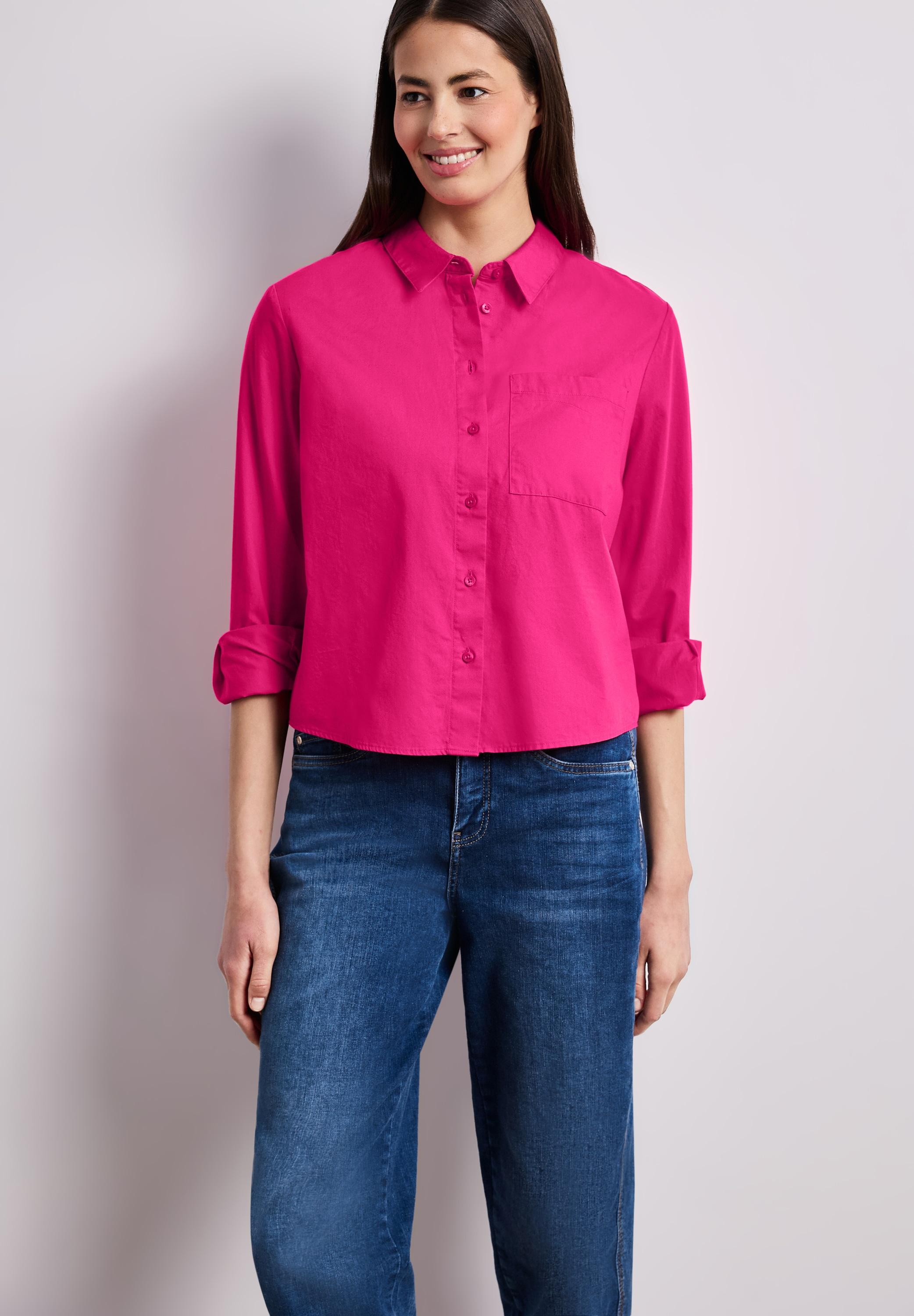 Langarmbluse Street One, Damen, Gr. 40, Magenta Dream, Web, 100% Baumwolle, Unifarben, Regular Fit Normal, V-Ausschnitt, Umschlagbund, Blusen, Aus Reiner Baumwolle