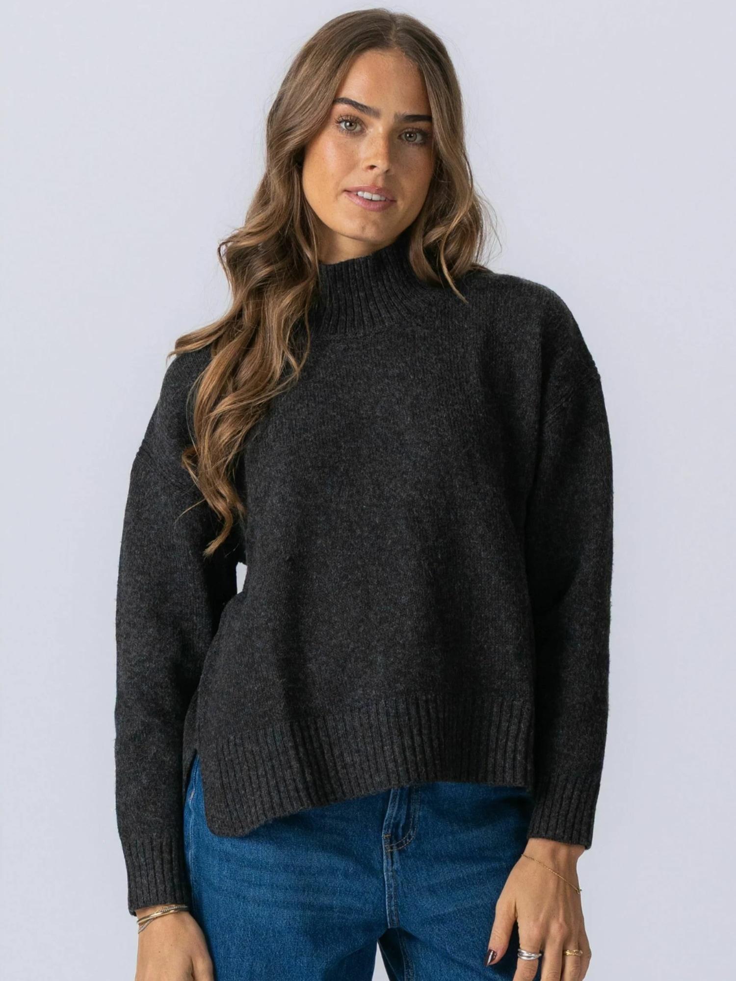 Strickpullover Teeshoppen "Teeshoppen Sweater Emma Knit", Damen, Gr. L, Dunkelgrau, Obermaterial: 64% Polyester, 30% Polyacryl, 6% Wolle, Pullover Strickpullover