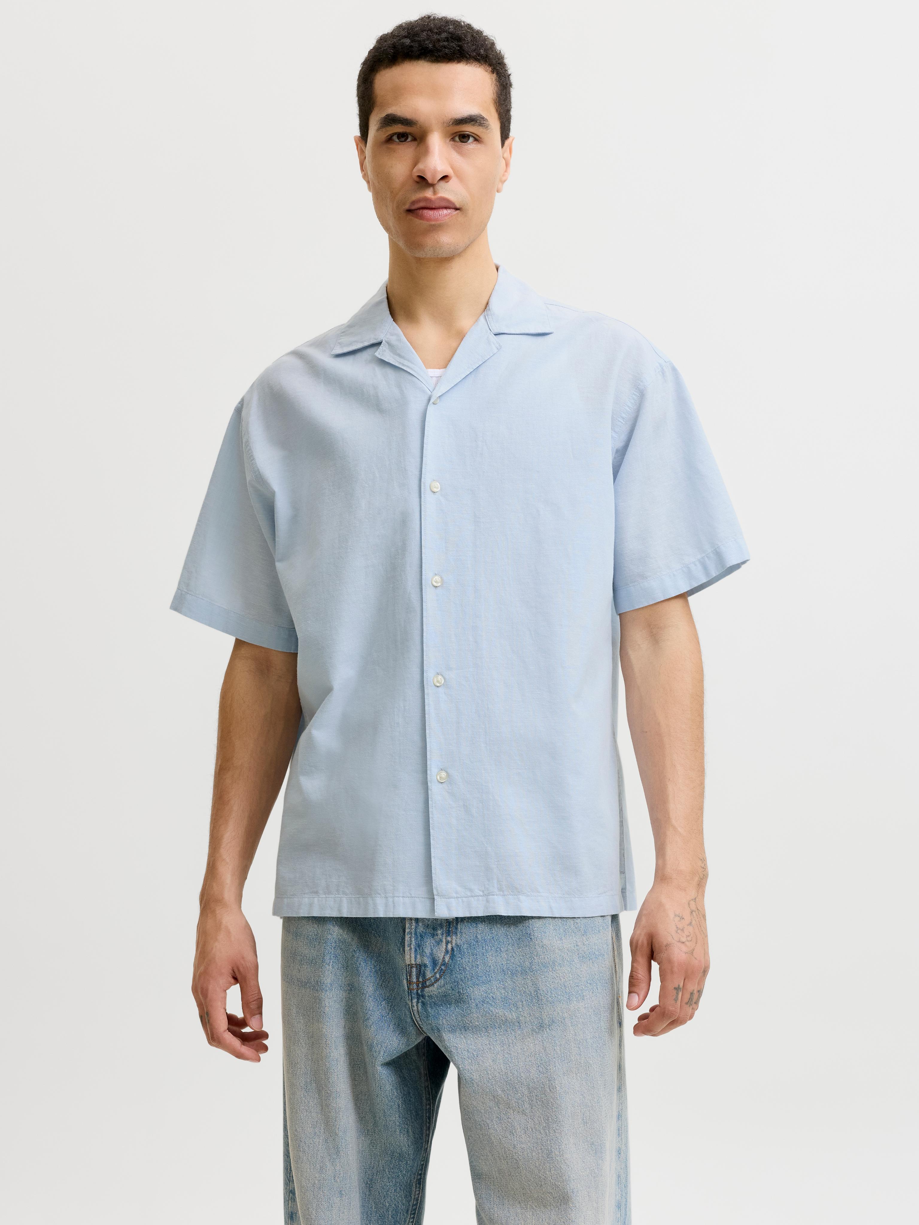 Kurzarmhemd Jack & Jones "Jjebreeze Linen Blend Resort Shirt Ss Sn", Herren, Gr. L, N-Gr, Celestial Blau, Web, Obermaterial: 70% Baumwolle, 30% Leinen, Unifarben, Normal, Hemden, Mit Knopfleiste