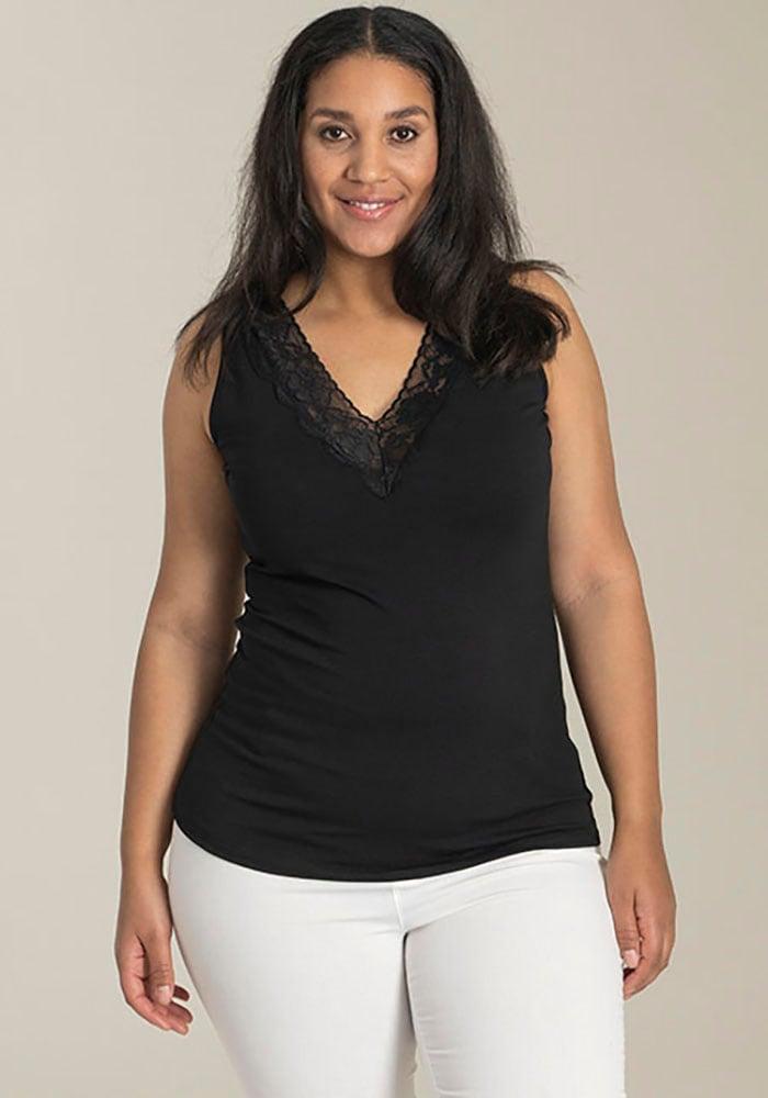 Tanktop SANDGAARD, Damen, Gr. 40, schwarz, Obermaterial: 95% Baumwolle, 5% Elasthan, regular fit, V-Ausschnitt, Tops Tanktop, mit Spitze am Ausschnitt
