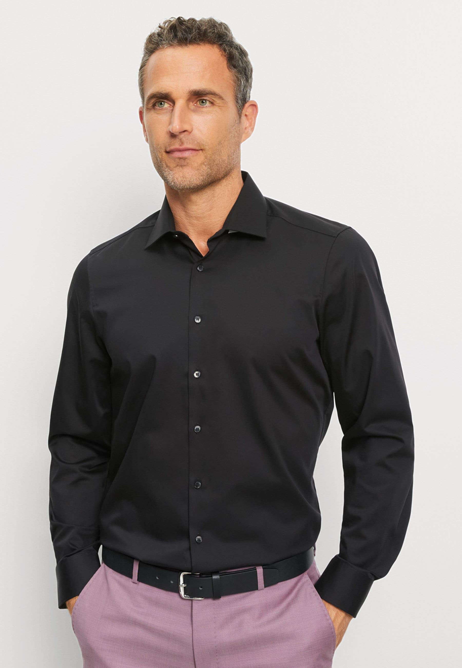 Businesshemd Olymp "Olymp Level Five, Body Fit, New York Kent", Herren, Gr. 44, Normaler Arm, Schwarz, 97% Baumwolle, 3% Elastolefin, Hemden