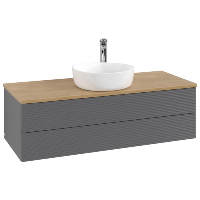 Villeroy Und Boch Antao Waschtisch-Unterschrank L21151GK Mit Beleuchtung Mit Struktur, 120X36X50Cm, Hahnloch, Waschbeckenplattenfarbe Honey Oak, Anthracite Matt Lacquer