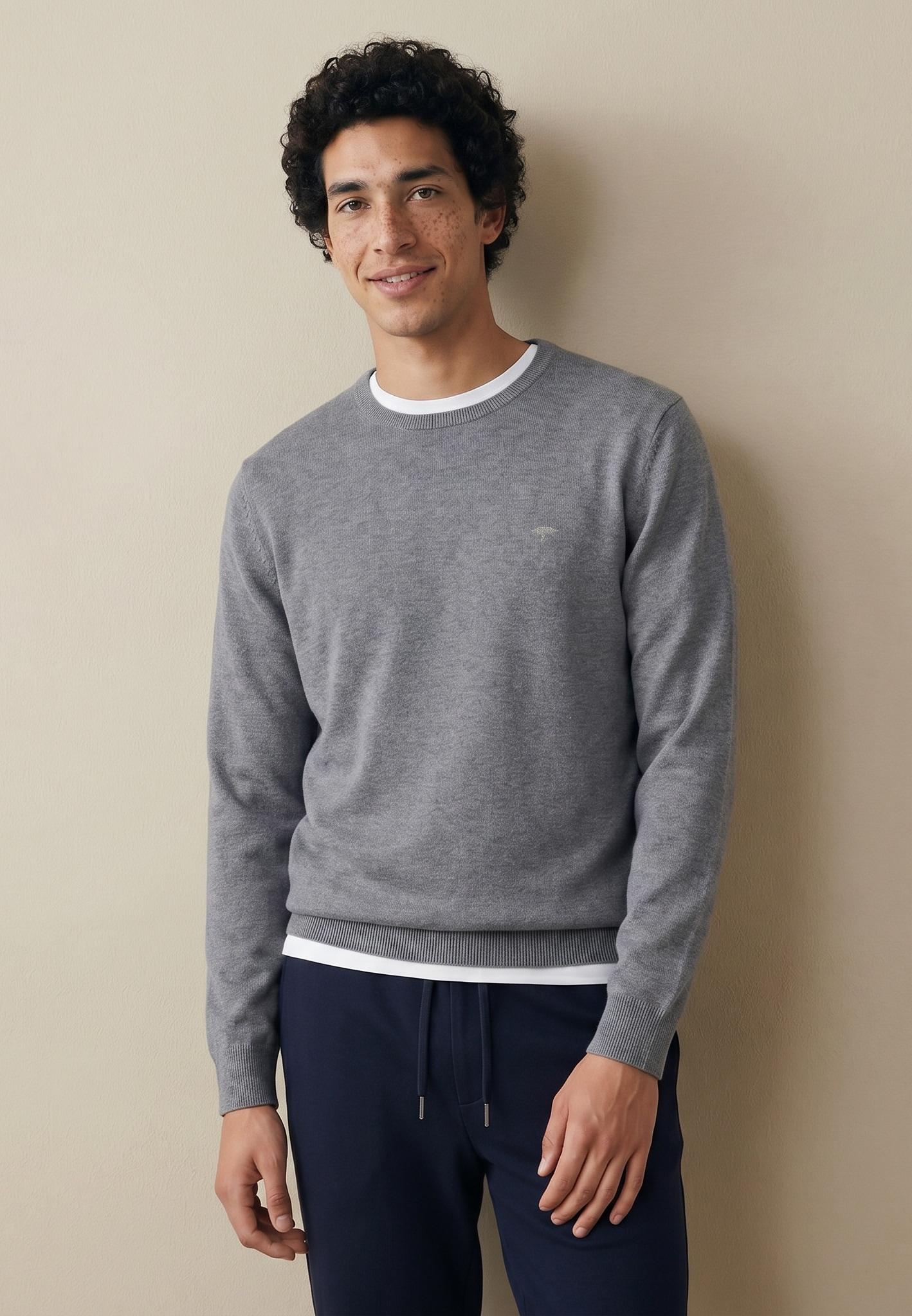 Strickpullover Fynch-Hatton "FYNCH-HATTON Langarmpullover", Herren, Gr. Xl, Grau (Steel), Strick, Obermaterial: 100% Baumwolle, Unifarben, Normal HüFtbedeckend, Rundhals, FlachstrickbüNdchen, Pullover Strickpullover, Mit Logostickerei