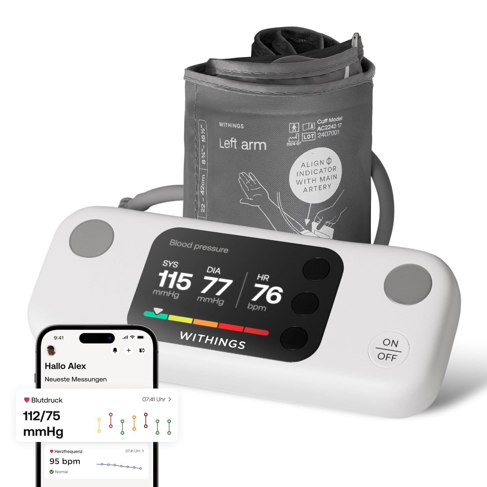 Withings BPM Vision Oberarm-Blutdruckmessgerät (Smartes Blutdruckmessgerät, bis zu 8 Personen können ihre Messwerte mit der (Withings-) App erfassen, 2,8 Zoll LCD-Farbbildschirm, TripleTrust™-Messung, FlexiFit™ Manschette, einfache Blutdruckmessungen und E