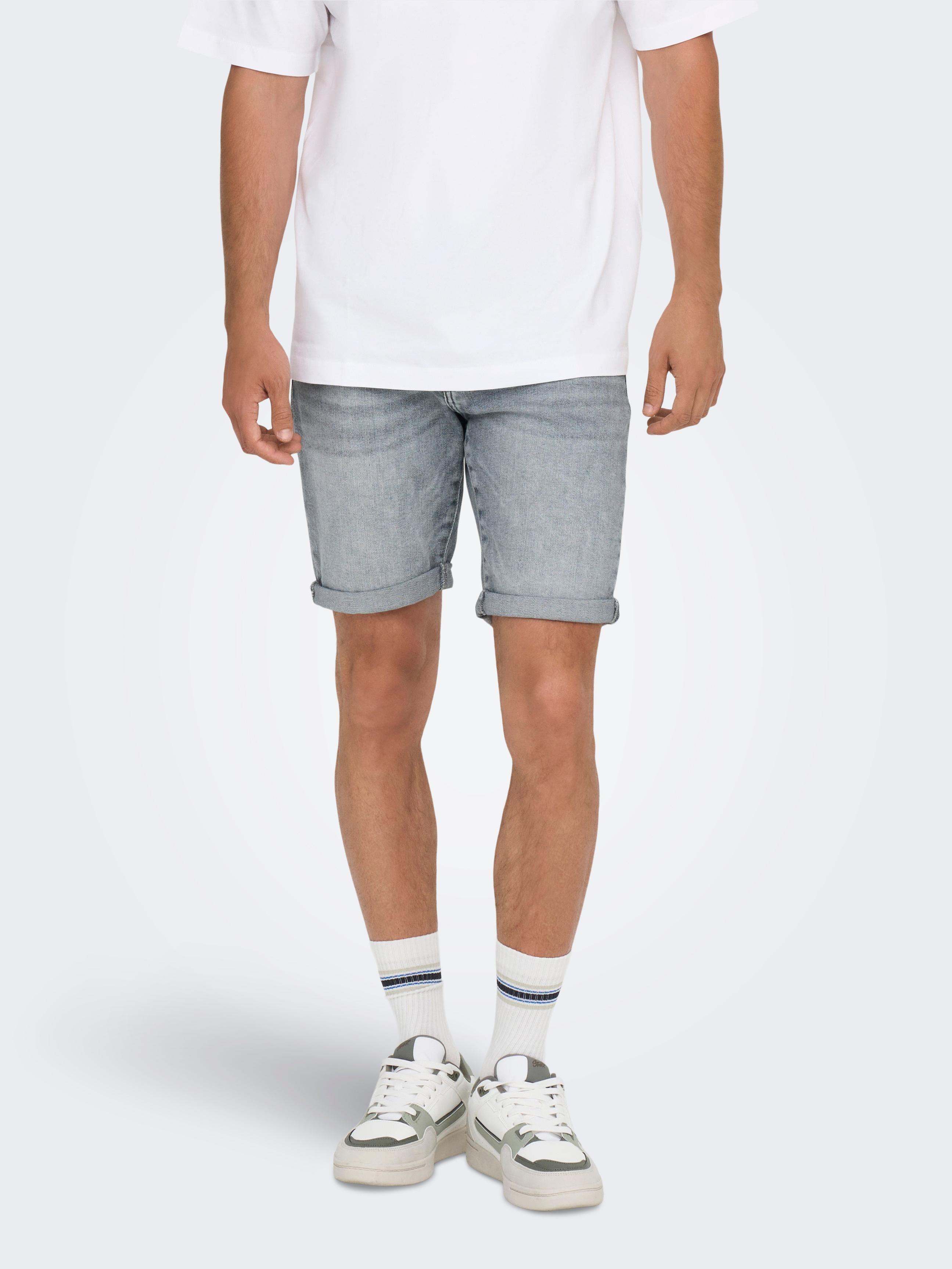 Shorts Only & Sons "Onsply Mbd 8772 Tai Dnm Shorts Noos", Herren, Gr. S, N-Gr, Grau (Medium Grau), Denim/Jeans, Obermaterial: 98% Baumwolle, 2% Elasthan, Unifarben, Basic, Slim Fit Kniefrei, Hosen Shorts