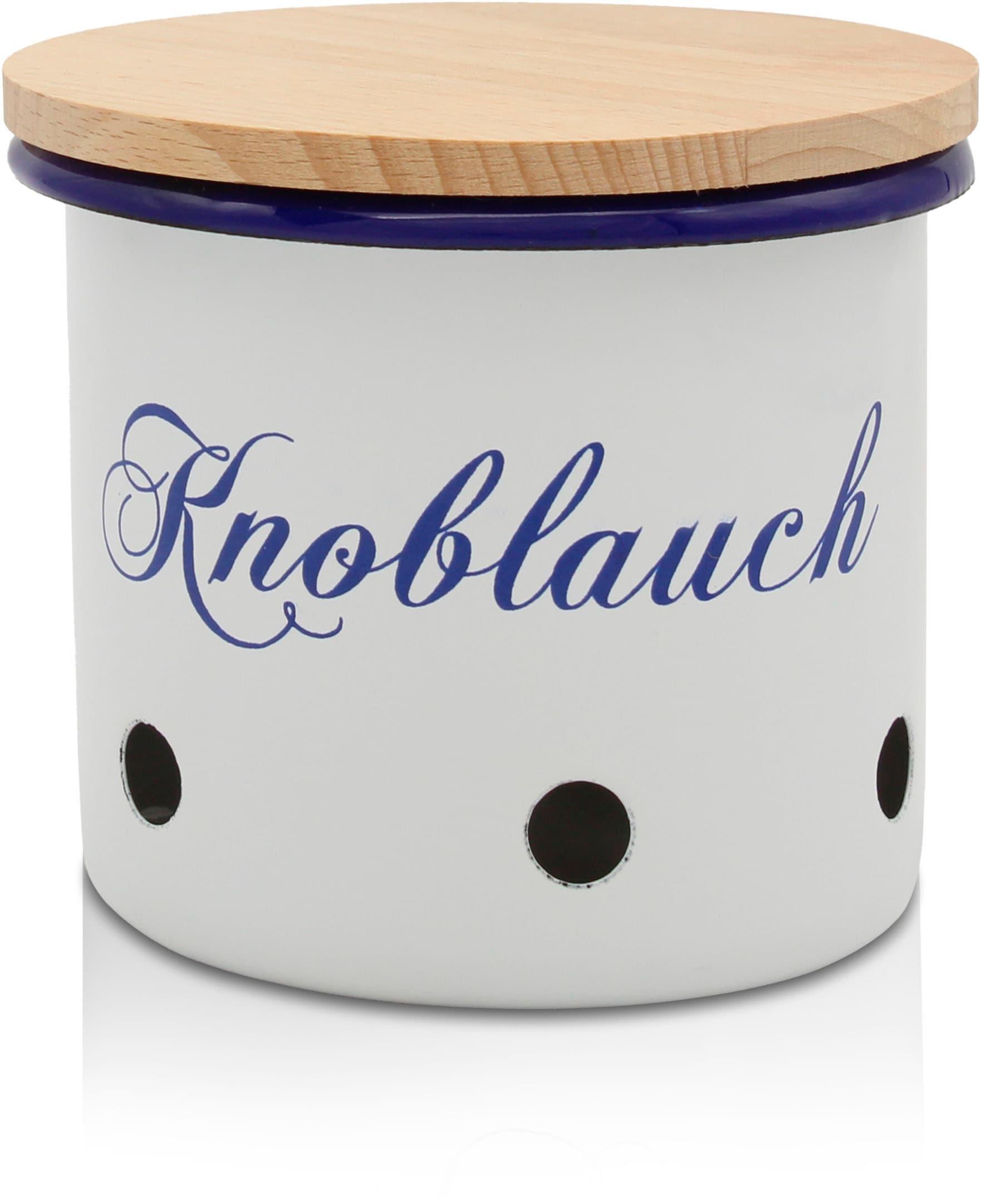 Vorratsdose KrÜGer "Emaille Vorratsdose Husum FüR Knoblauch Mit Holzdeckel, 10 Cm", Blau (Weiß, Blau, Natur), H:10,5Cm Ø:10Cm, Emaille, LebensmittelaufbewahrungsbehäLter, Vorratsdose, Schnitt-/Kratzfeste OberfläChe, Bakterienabweisend, Extrem Langlebig