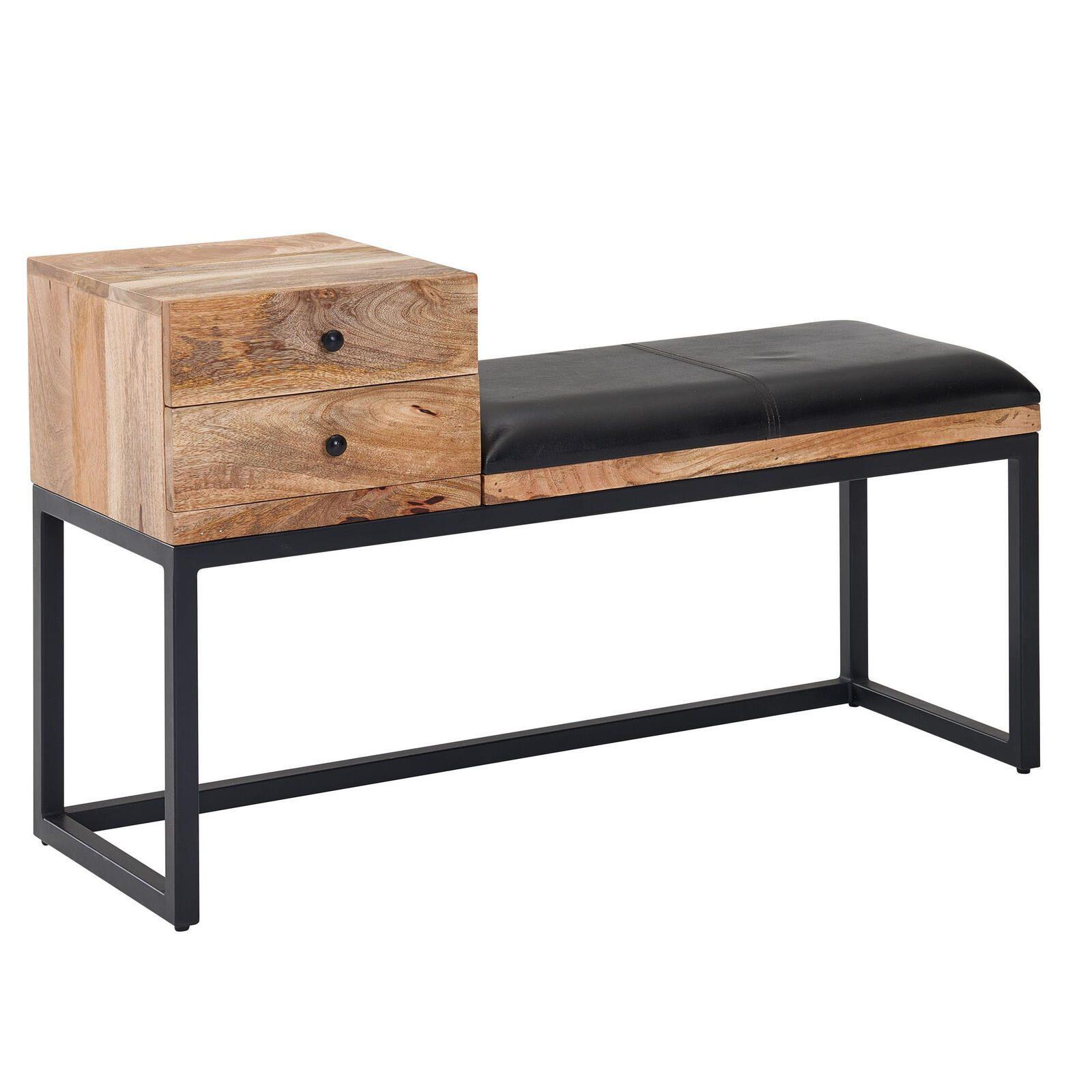 Wohnling WL6.483 Sitzbank Ziegenleder / Massivholz 100X60X35 Cm Im Retro Stil Mit Stauraum, Gepolstert Schwarz