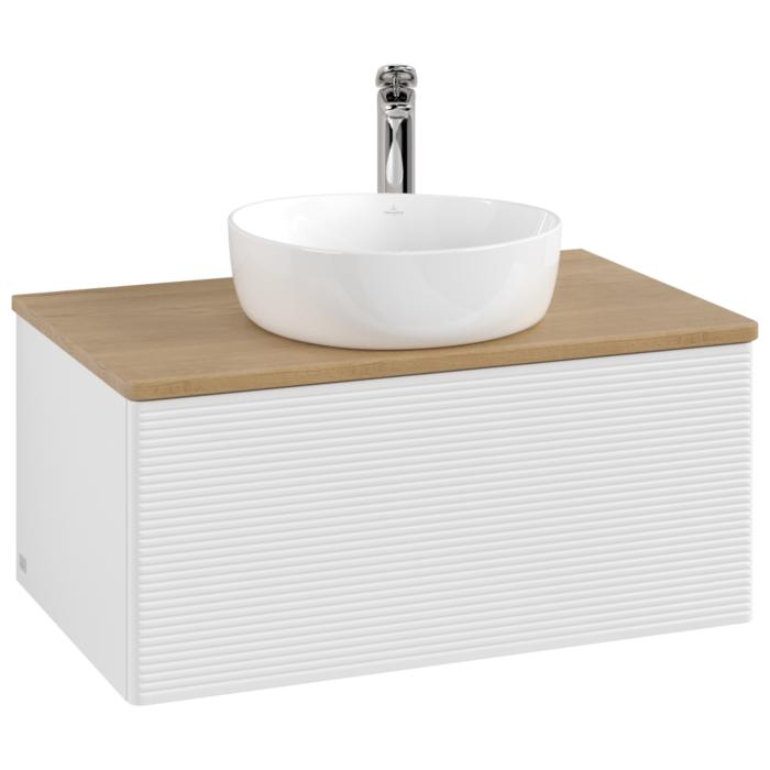 Villeroy Und Boch Antao Waschtisch-Unterschrank K30151GF 80X36X50Cm, Hahnloch, Waschbeckenplattenfarbe Honey Oak, Glossy White Lacquer