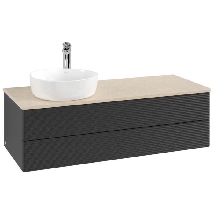 Villeroy Und Boch Antao Waschtisch-Unterschrank K22153PD 120X36X50Cm, Hahnloch, Waschbeckenplattenfarbe Botticino, Black Matt Lacquer